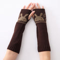 Rabbit Motif Fingerless Knit Arm Warmers - Coffee