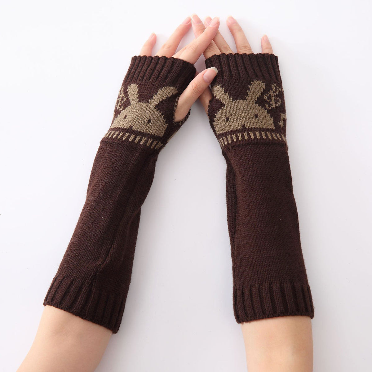 Rabbit Motif Fingerless Knit Arm Warmers - Coffee