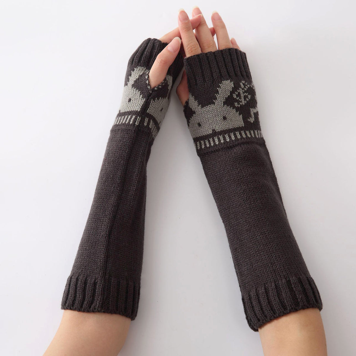 Rabbit Motif Fingerless Knit Arm Warmers - DarkGrey
