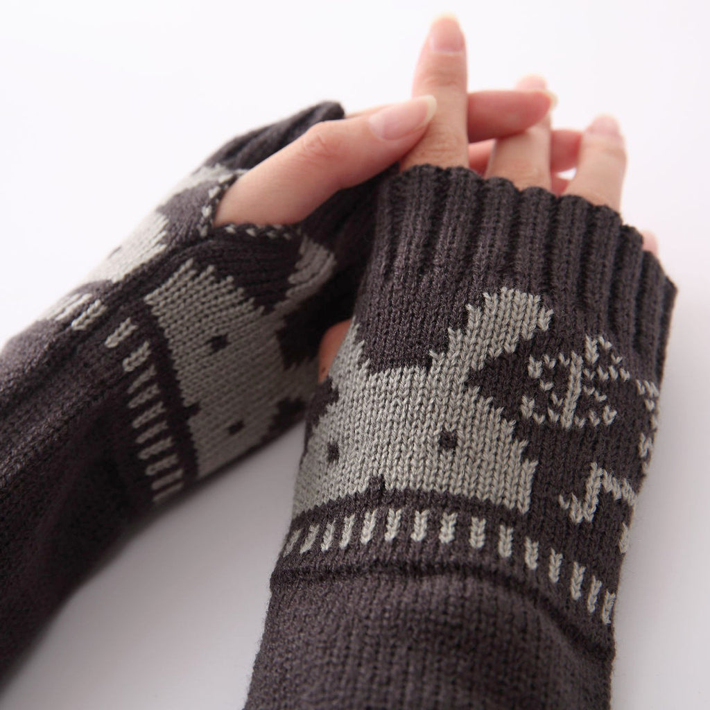 Rabbit Motif Fingerless Knit Arm Warmers - DarkGrey - 1