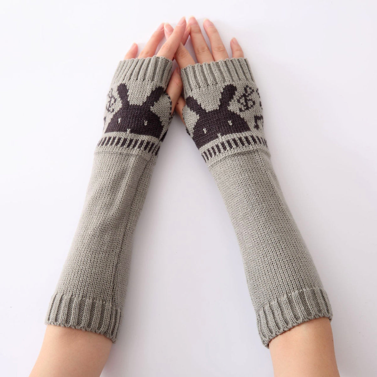Rabbit Motif Fingerless Knit Arm Warmers - Grey