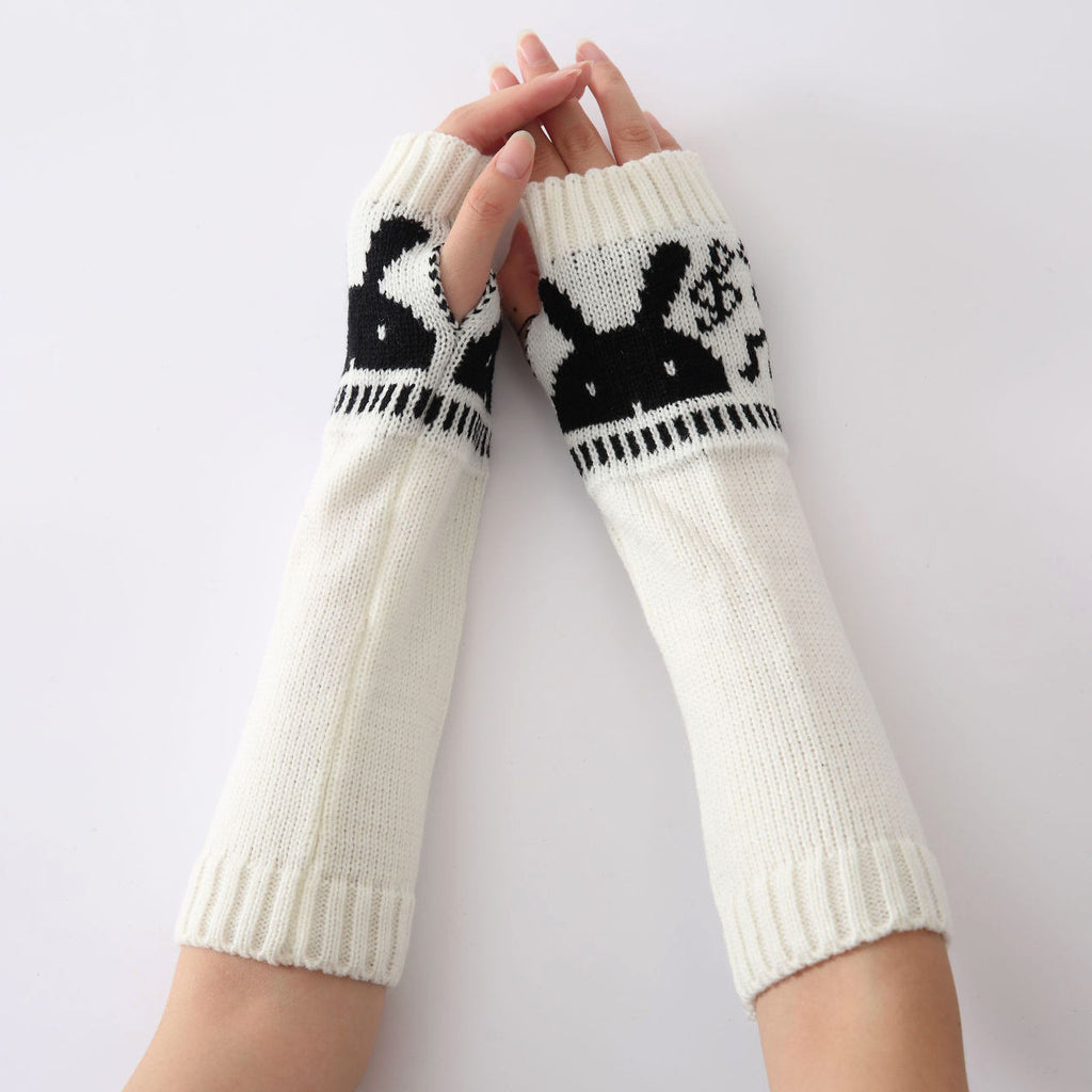 Rabbit Motif Fingerless Knit Arm Warmers - White