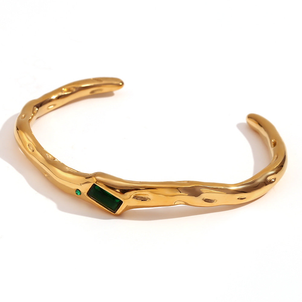 Hammered Baguette Stone Open Cuff Bracelet - Gold-GN