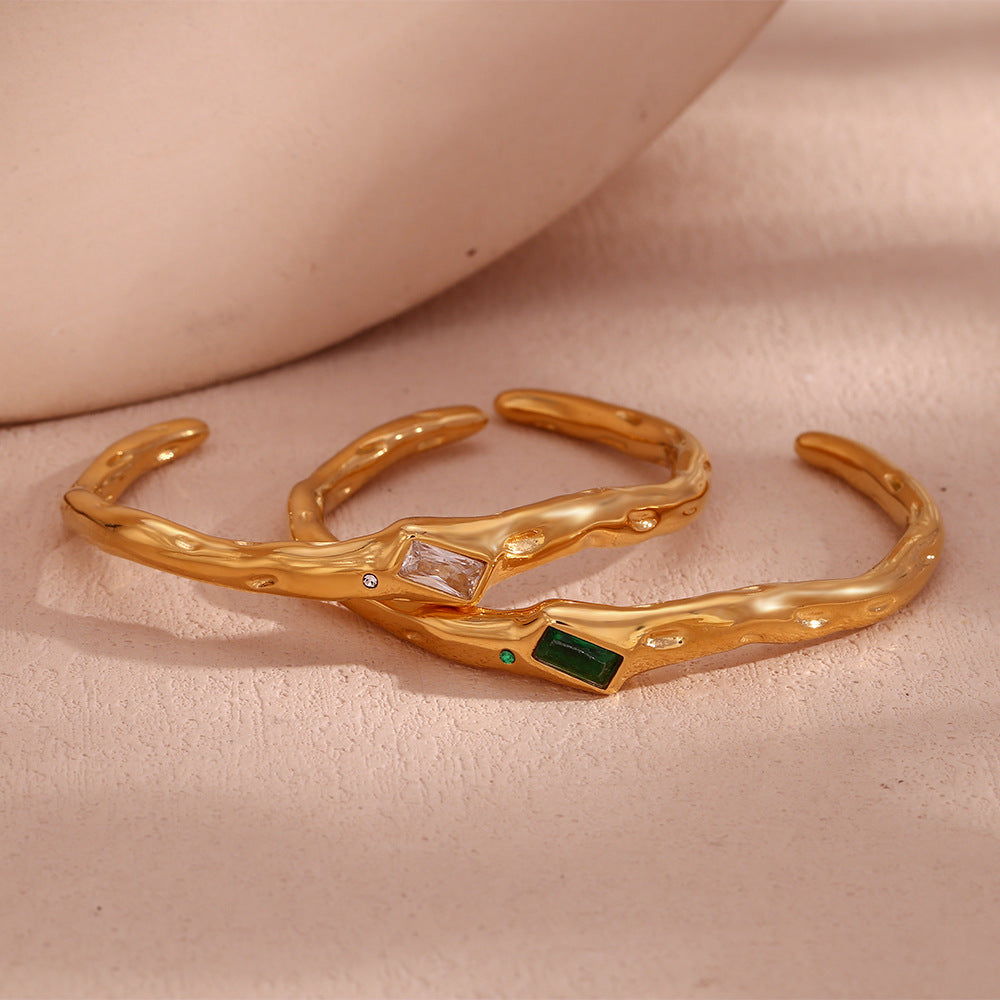 Hammered Baguette Stone Open Cuff Bracelet
