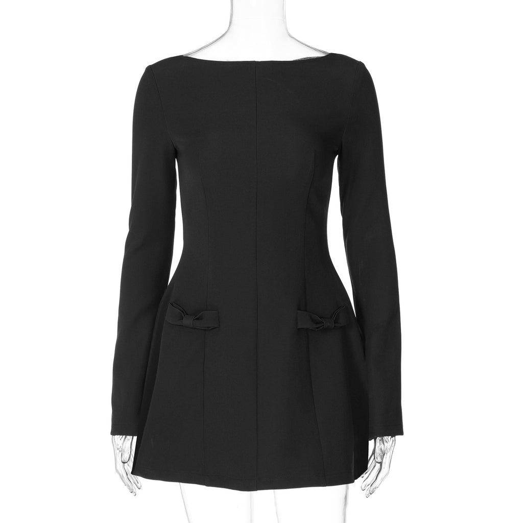 Bow Pocket Long Sleeve Mini Dress - Black