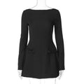 Bow Pocket Long Sleeve Mini Dress - Black