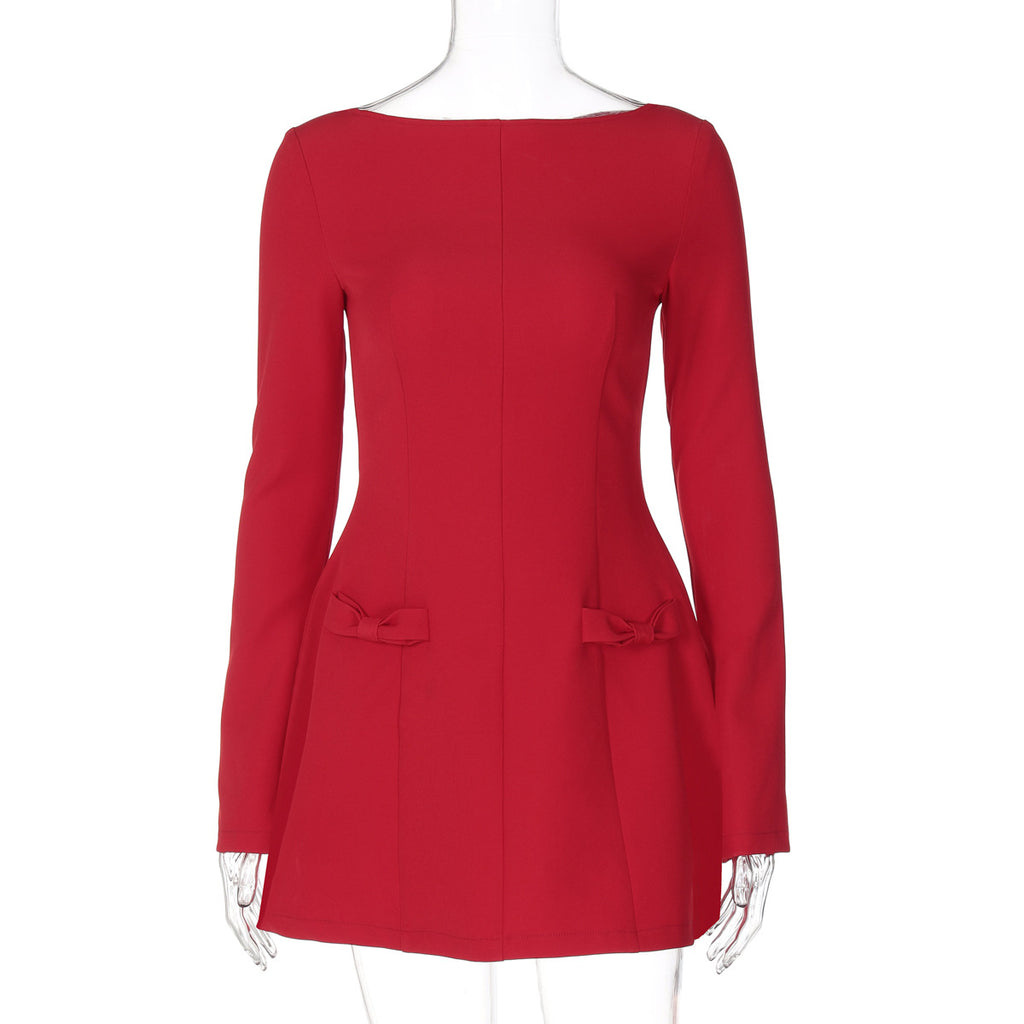 Bow Pocket Long Sleeve Mini Dress - Red - 1