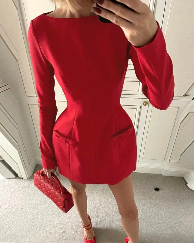 Bow Pocket Long Sleeve Mini Dress - Red - 2