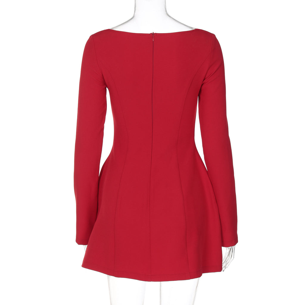 Bow Pocket Long Sleeve Mini Dress - Red - 5