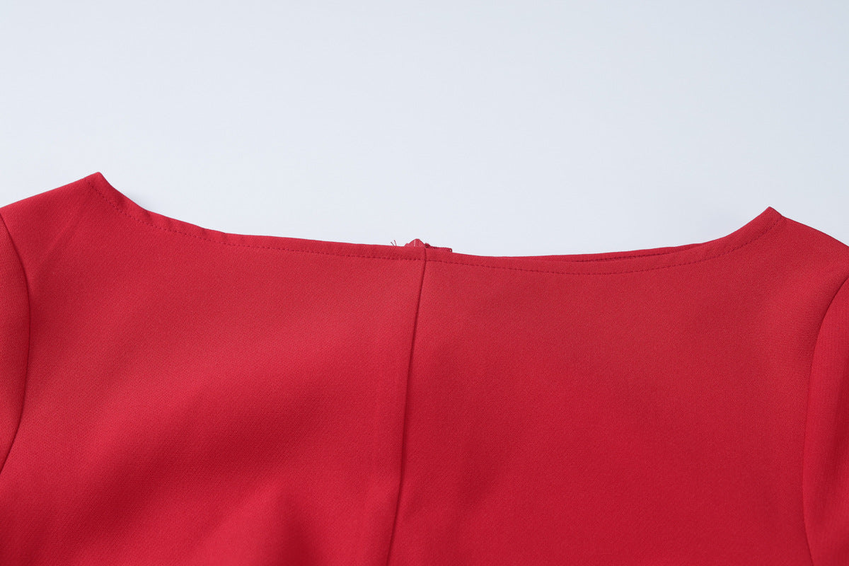 Bow Pocket Long Sleeve Mini Dress - Red - 6