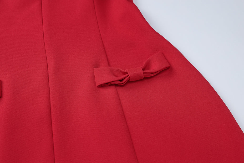 Bow Pocket Long Sleeve Mini Dress - Red - 7