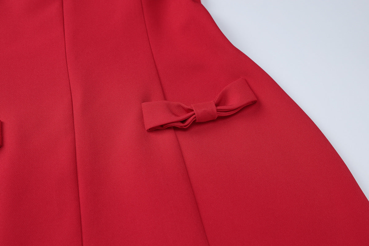 Bow Pocket Long Sleeve Mini Dress - Red - 7