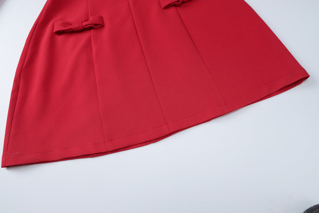 Bow Pocket Long Sleeve Mini Dress - Red - 8