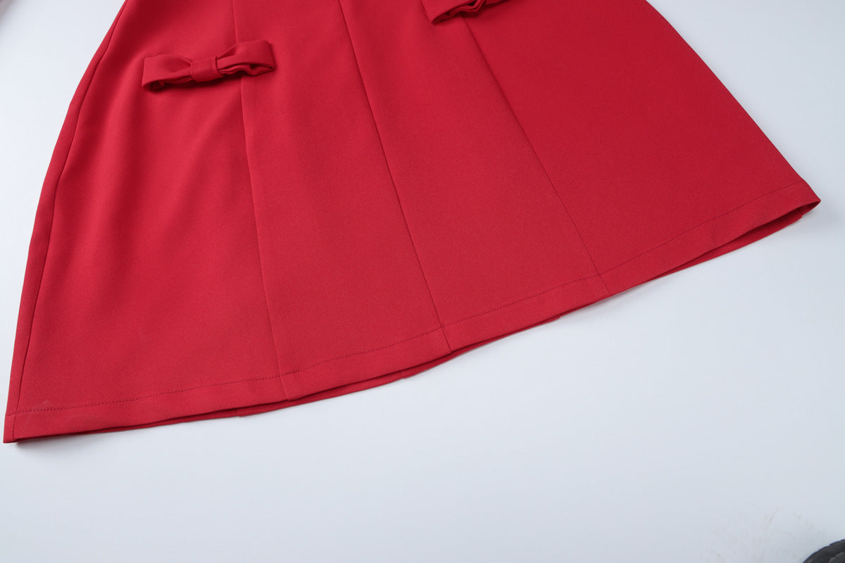 Bow Pocket Long Sleeve Mini Dress - Red - 8