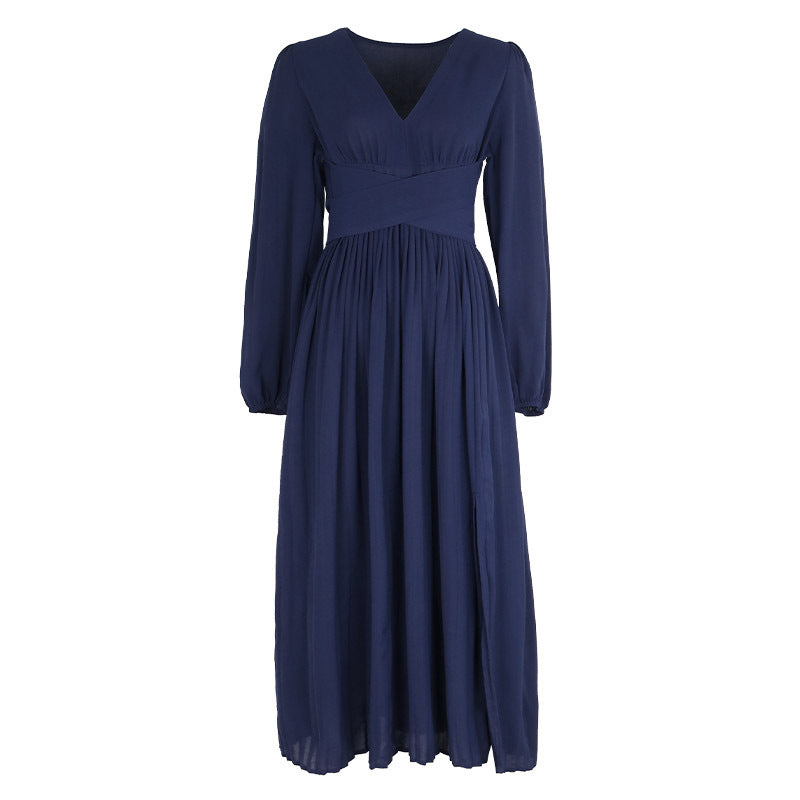 Pleated Long Sleeve Maxi Dress With Slit - Blue