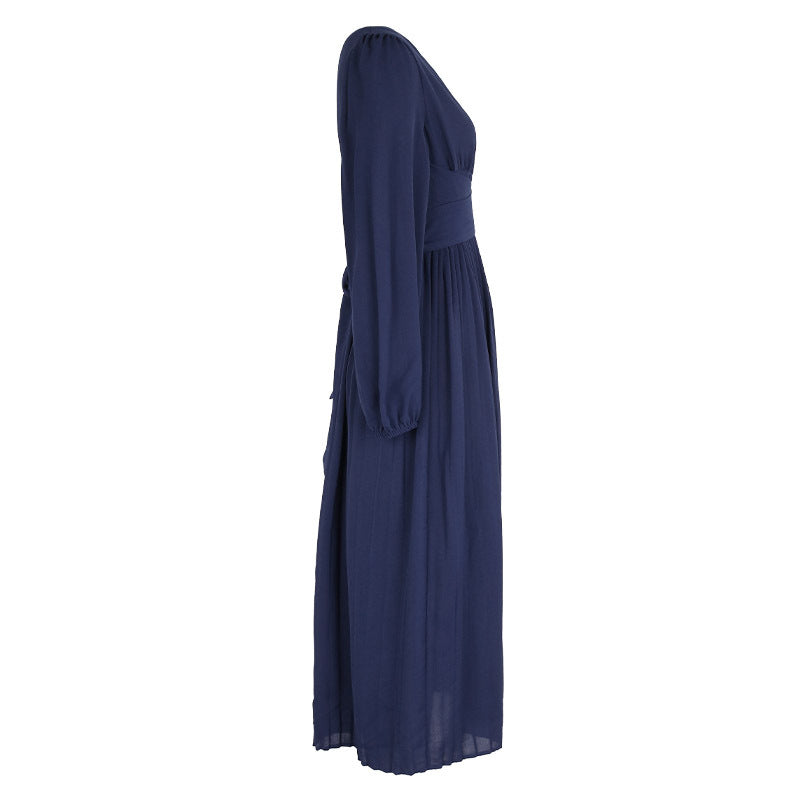 Pleated Long Sleeve Maxi Dress With Slit - Blue - 1