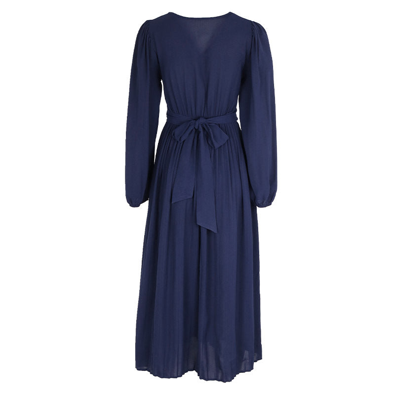 Pleated Long Sleeve Maxi Dress With Slit - Blue - 2