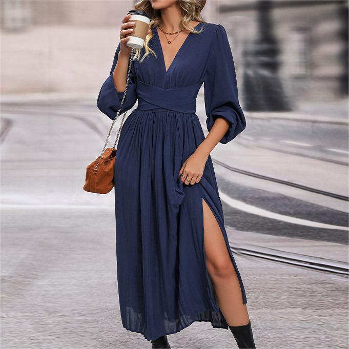 Pleated Long Sleeve Maxi Dress With Slit - Blue - 3