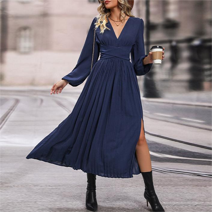 Pleated Long Sleeve Maxi Dress With Slit - Blue - 4