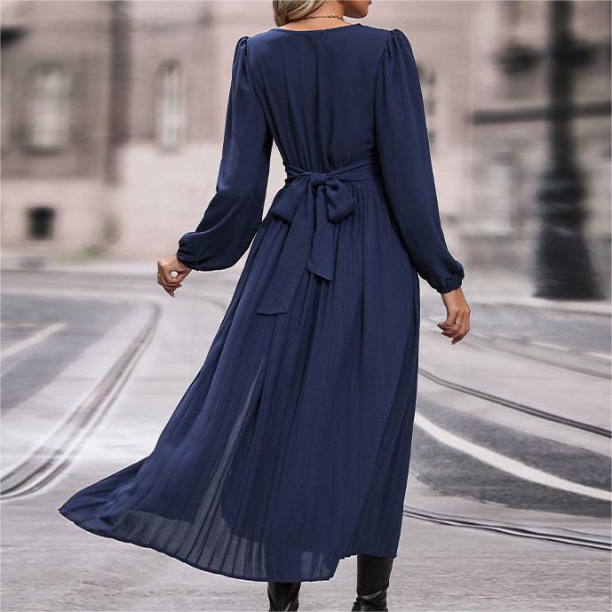 Pleated Long Sleeve Maxi Dress With Slit - Blue - 5