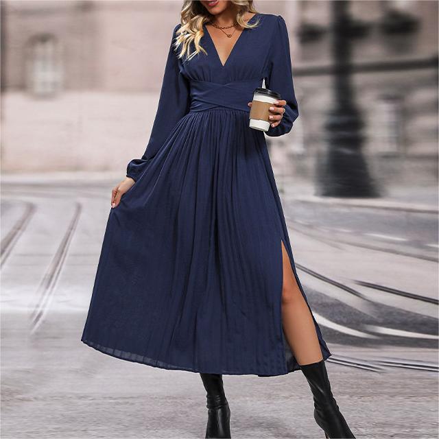 Pleated Long Sleeve Maxi Dress With Slit - Blue - 6