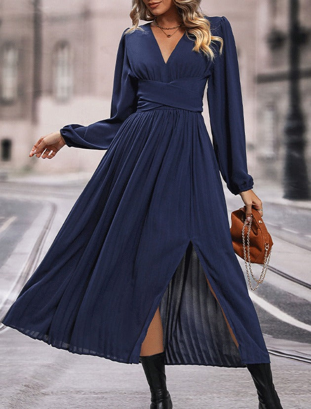 Pleated Long Sleeve Maxi Dress With Slit