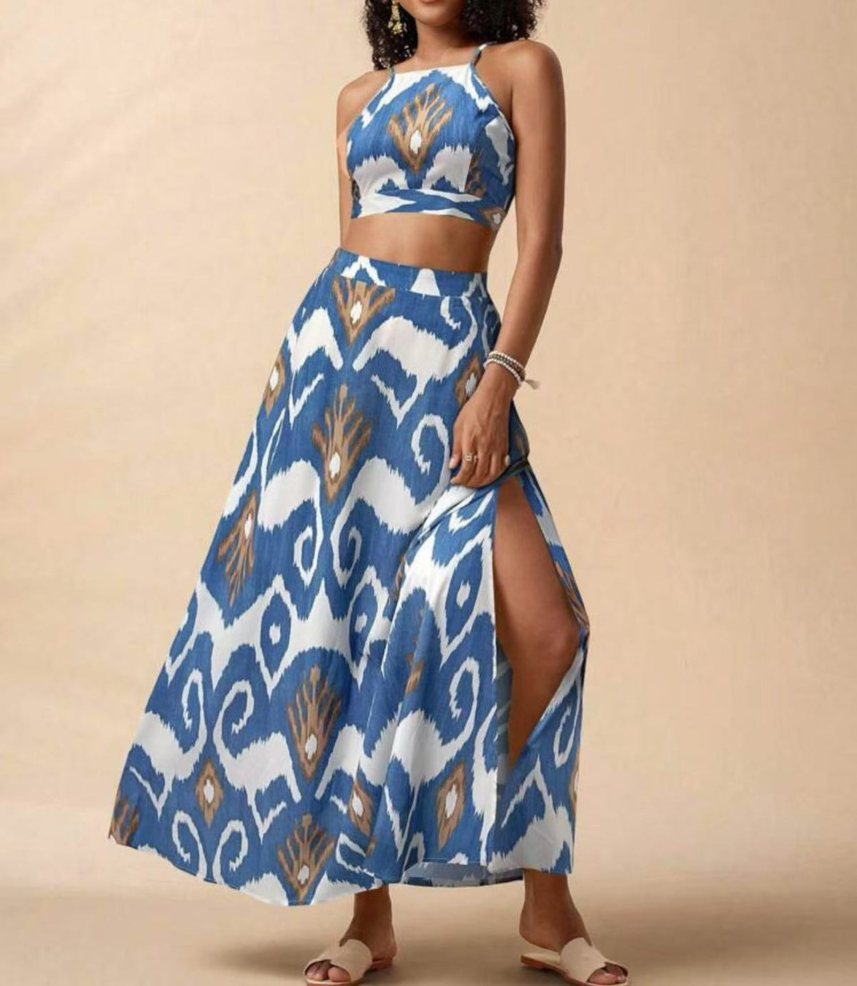 Ikat Print Cami Top And Skirt Set - Blue