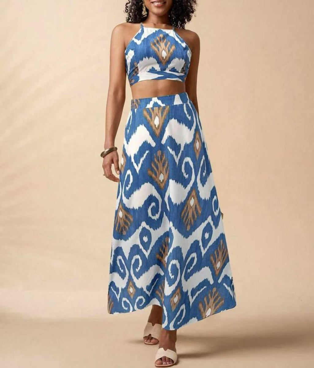 Ikat Print Cami Top And Skirt Set - Blue - 2