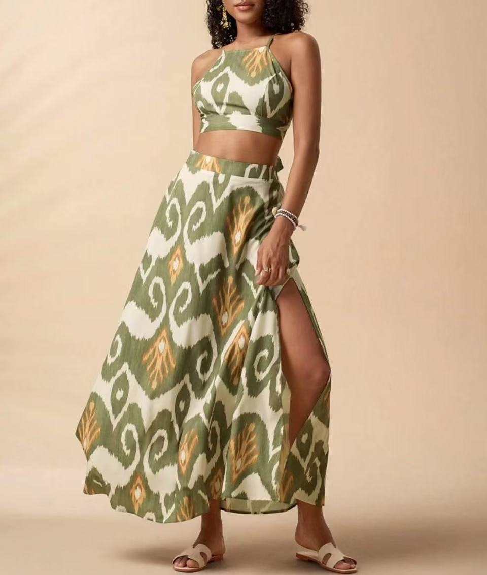 Ikat Print Cami Top And Skirt Set - Green