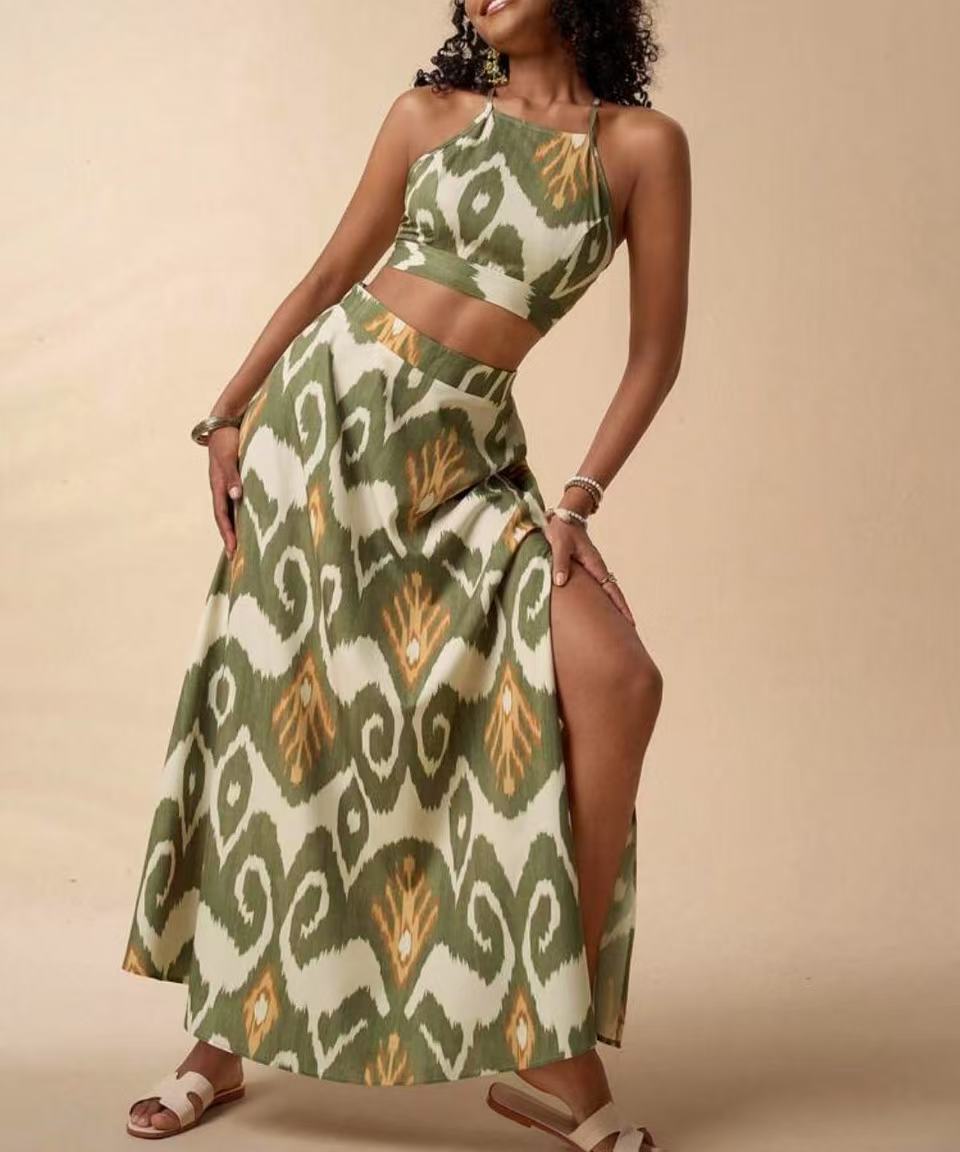 Ikat Print Cami Top And Skirt Set - Green - 2