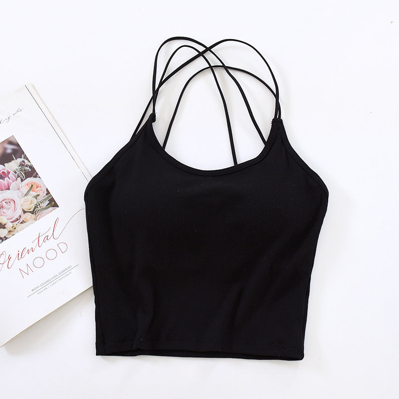 Cross Strap Padded Ribbed Cami Top - black