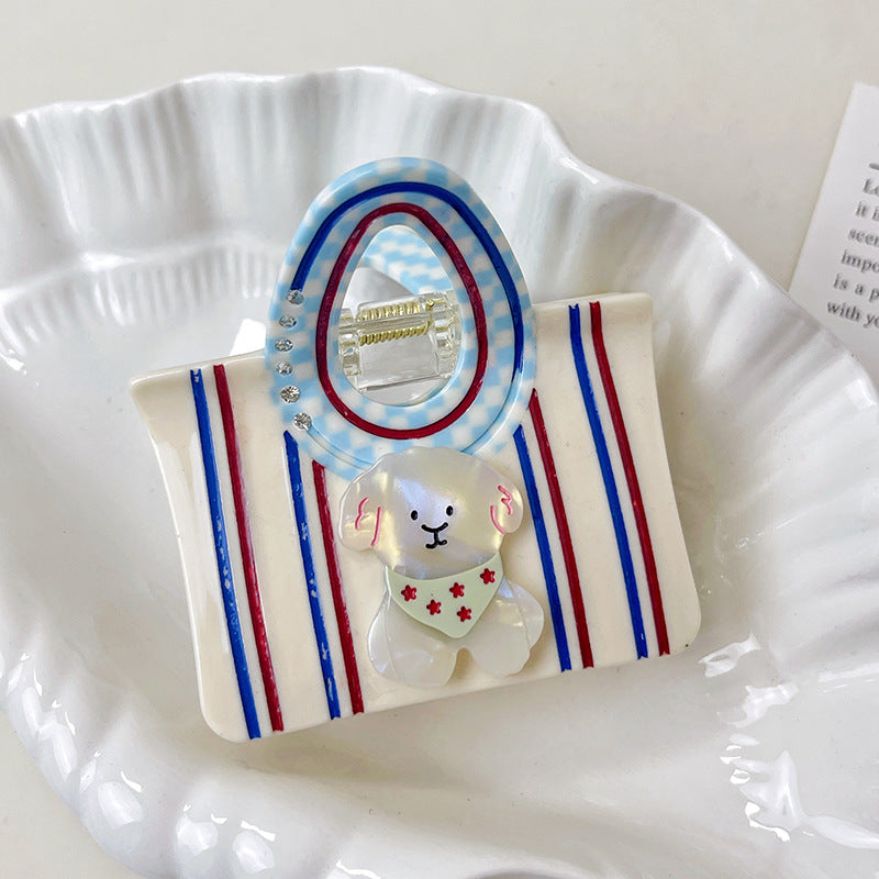 Mini Purse Hair Claw Clip with Bear Motif - Stripe