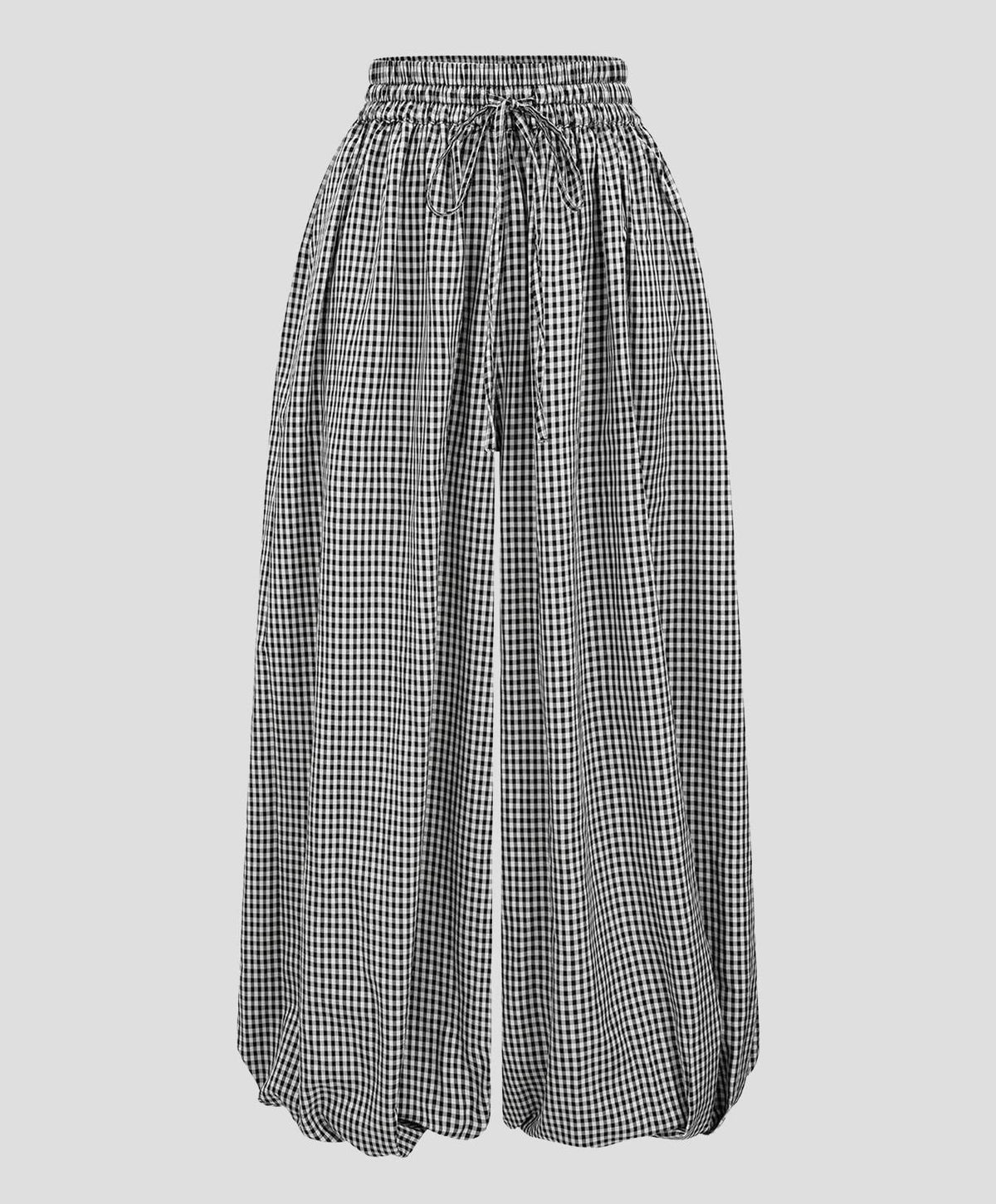 Gingham Drawstring Elastic Cuff Balloon Pants - Black