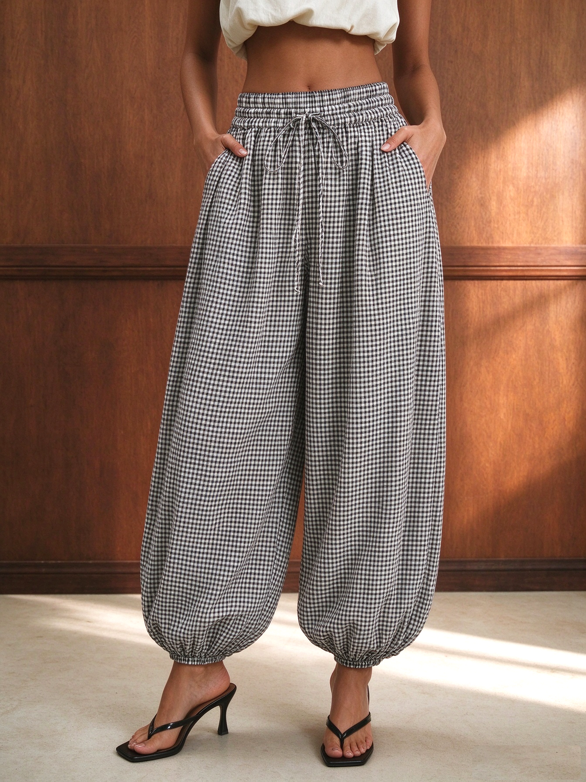 Gingham Drawstring Elastic Cuff Balloon Pants - Black - 3