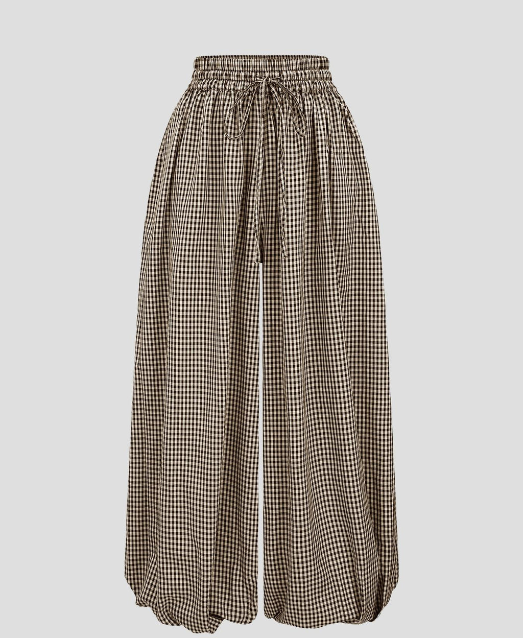 Gingham Drawstring Elastic Cuff Balloon Pants - Brown