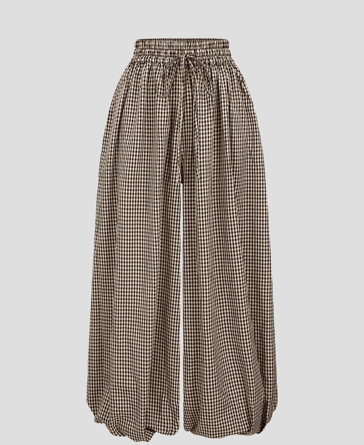 Gingham Drawstring Elastic Cuff Balloon Pants - Brown