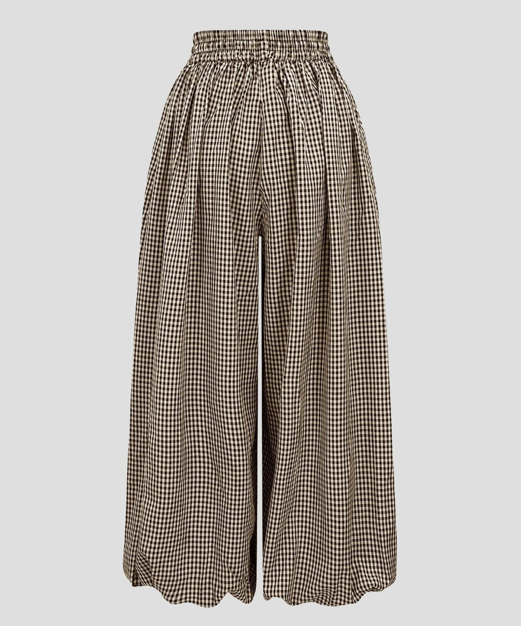 Gingham Drawstring Elastic Cuff Balloon Pants - Brown - 1