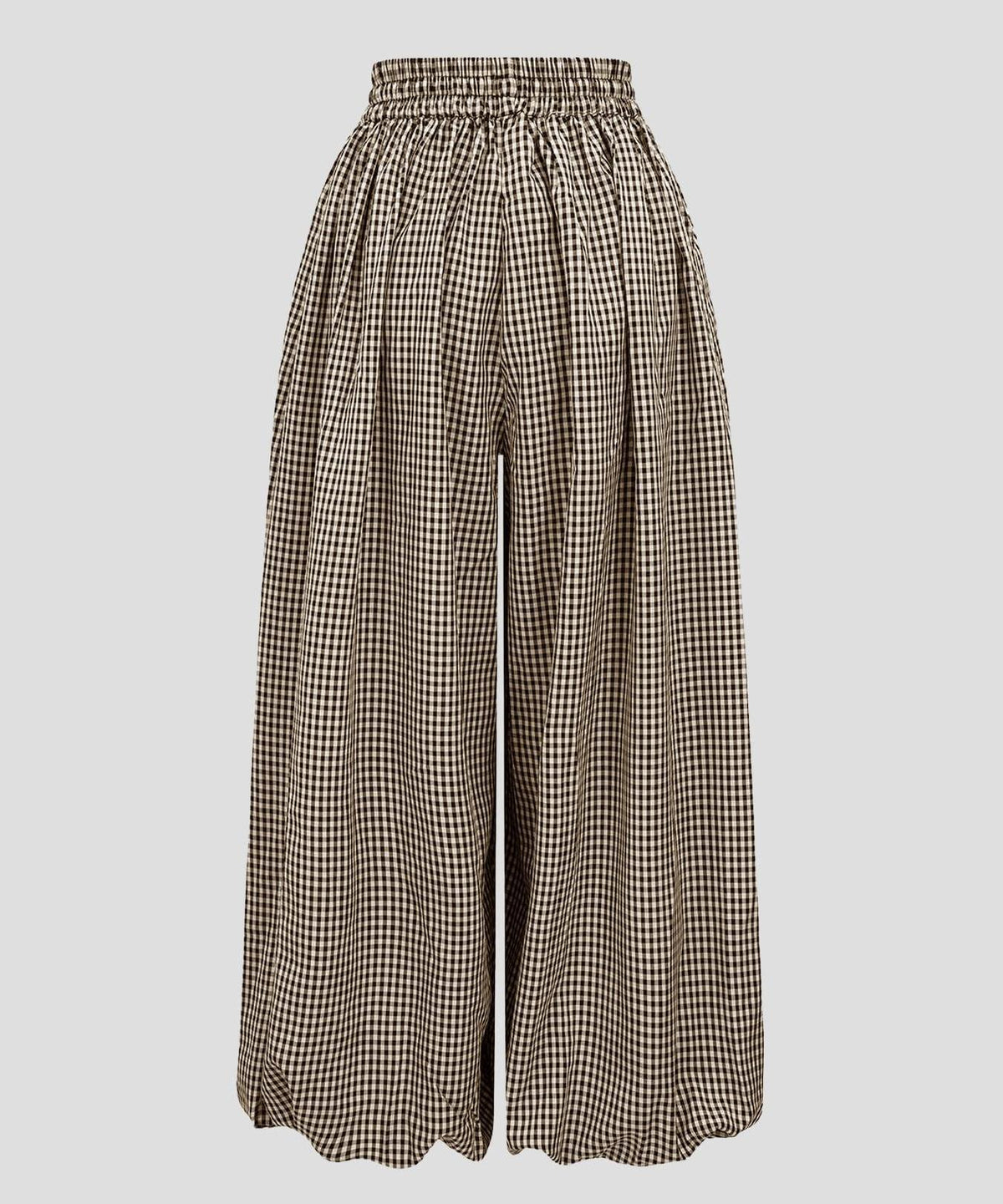 Gingham Drawstring Elastic Cuff Balloon Pants - Brown - 1