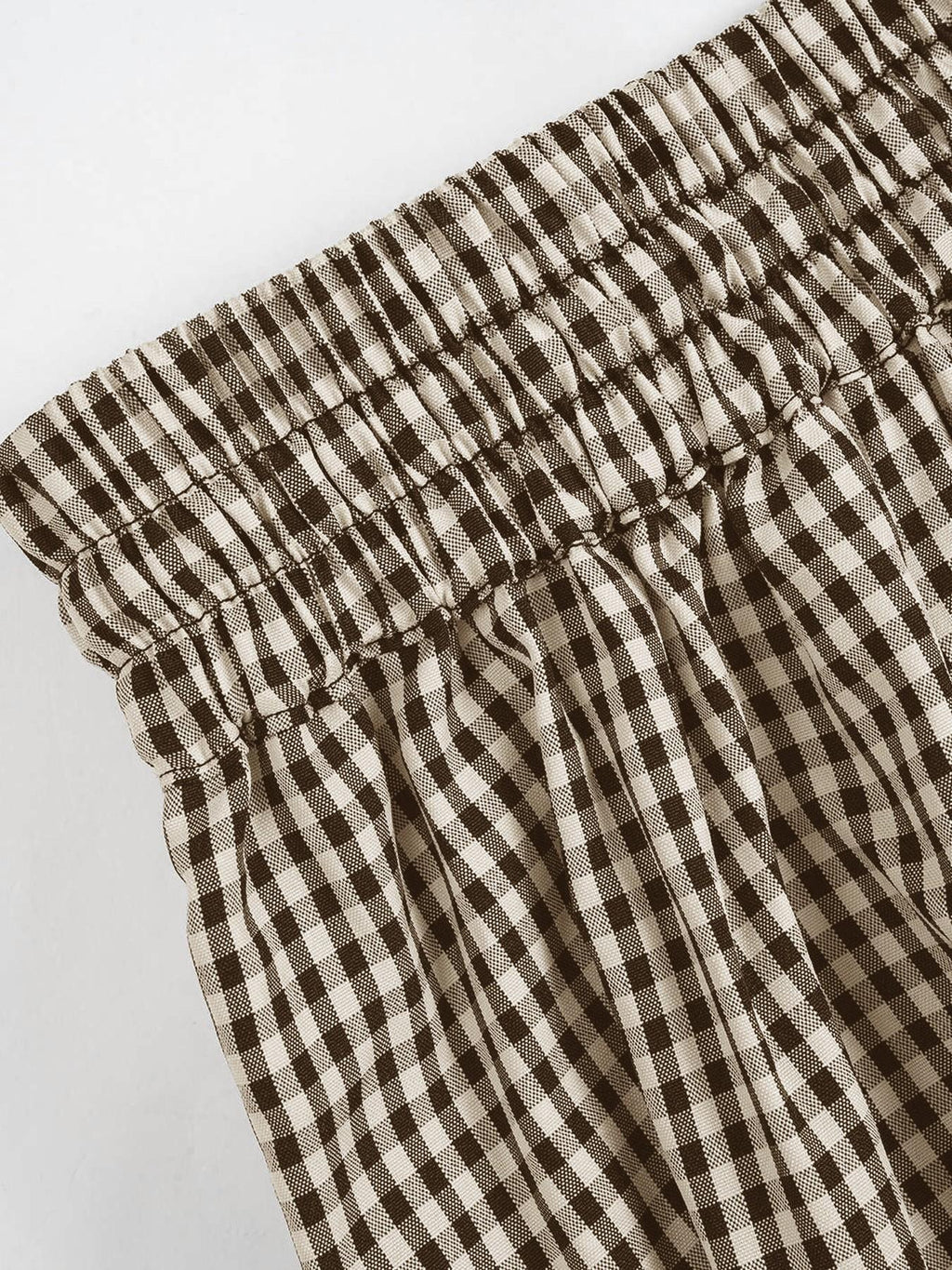 Gingham Drawstring Elastic Cuff Balloon Pants - Brown - 2