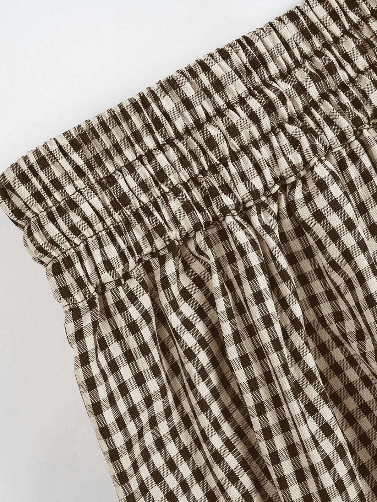 Gingham Drawstring Elastic Cuff Balloon Pants - Brown - 2