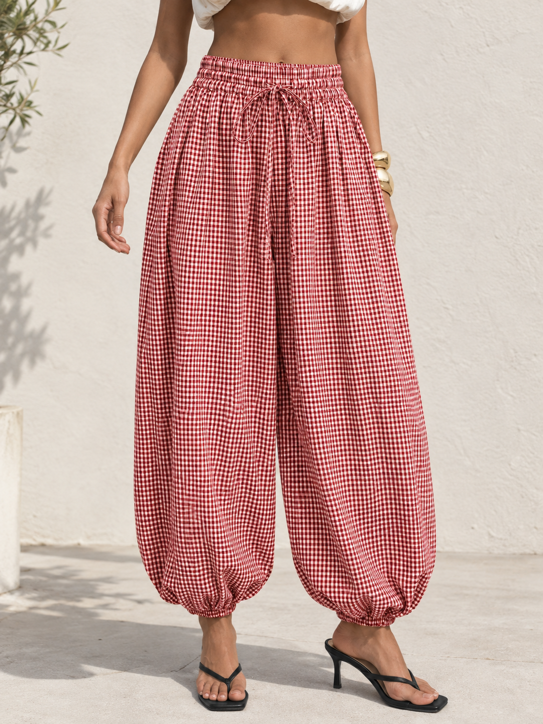 Gingham Drawstring Elastic Cuff Balloon Pants - Red