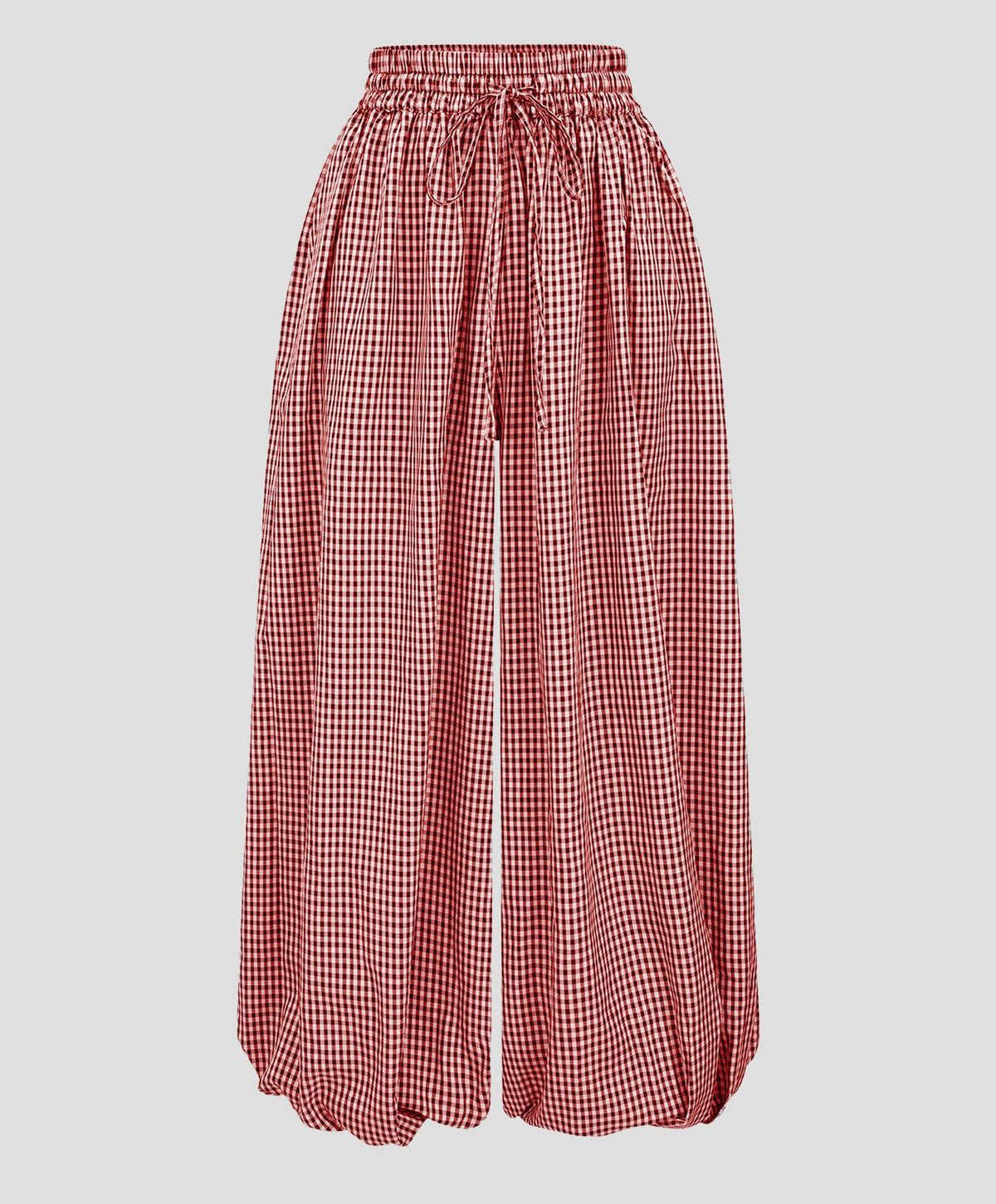 Gingham Drawstring Elastic Cuff Balloon Pants - Red - 1