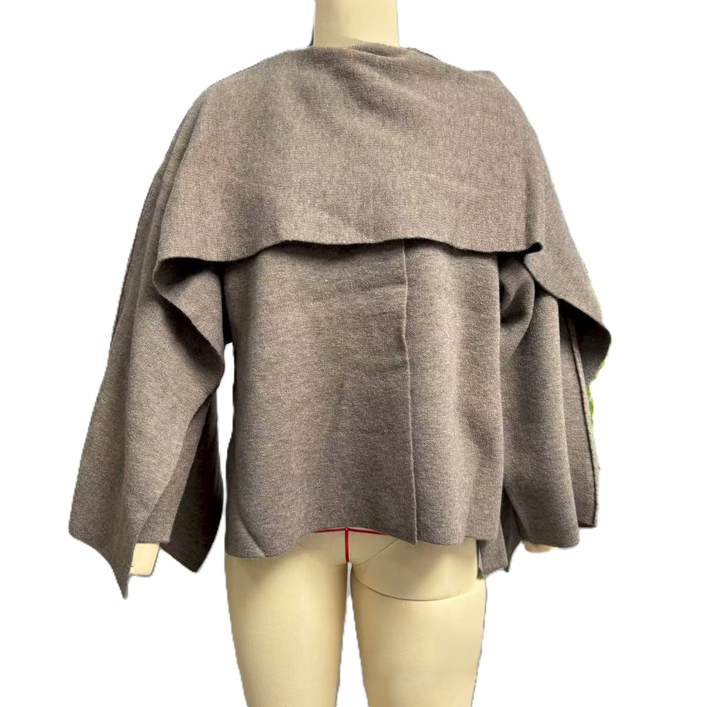 Oversized Wrap Cape Coat With Scarf Collar - Brown