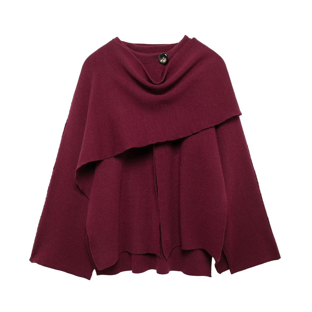 Oversized Wrap Cape Coat With Scarf Collar - WineRed