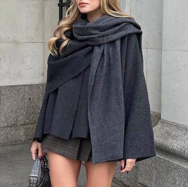 Oversized Wrap Cape Coat With Scarf Collar