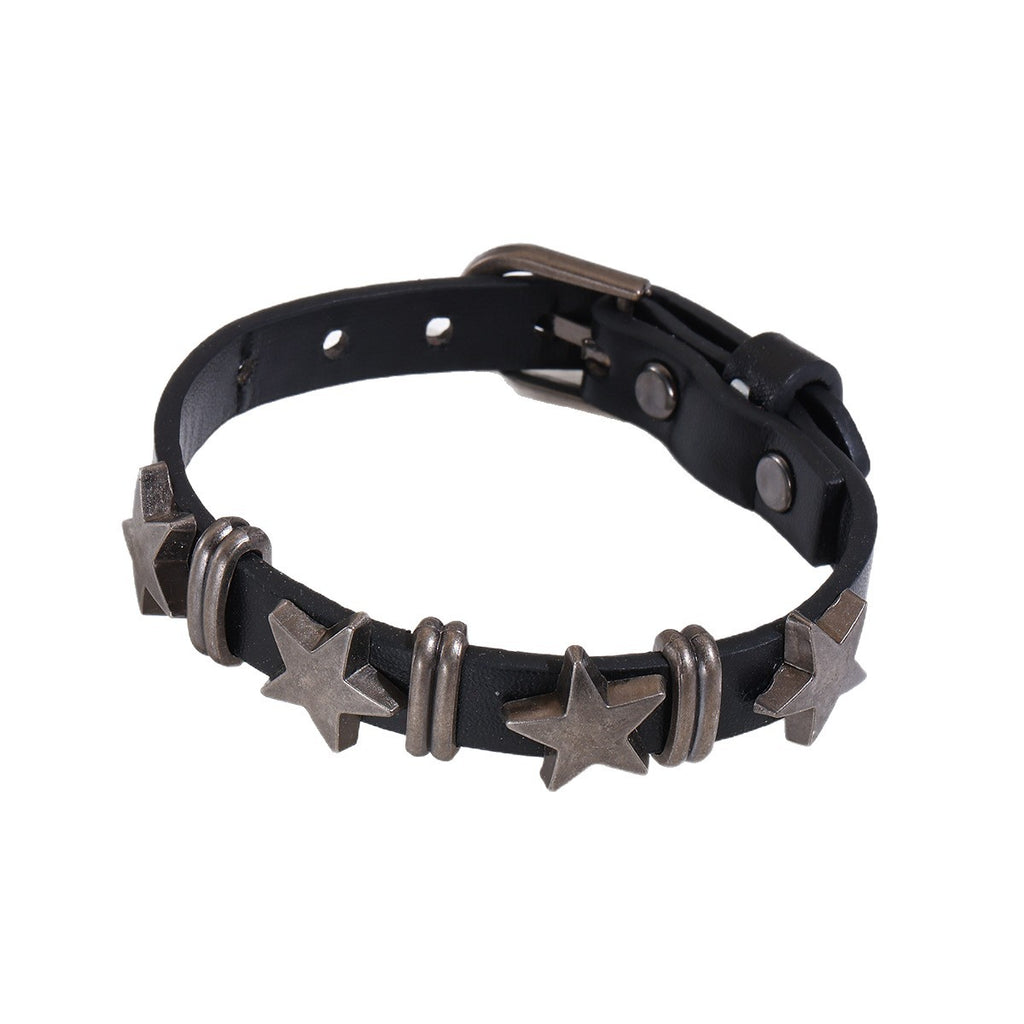 Grunge Star Rivet Cuff Bracelet With Buckle Strap - Black
