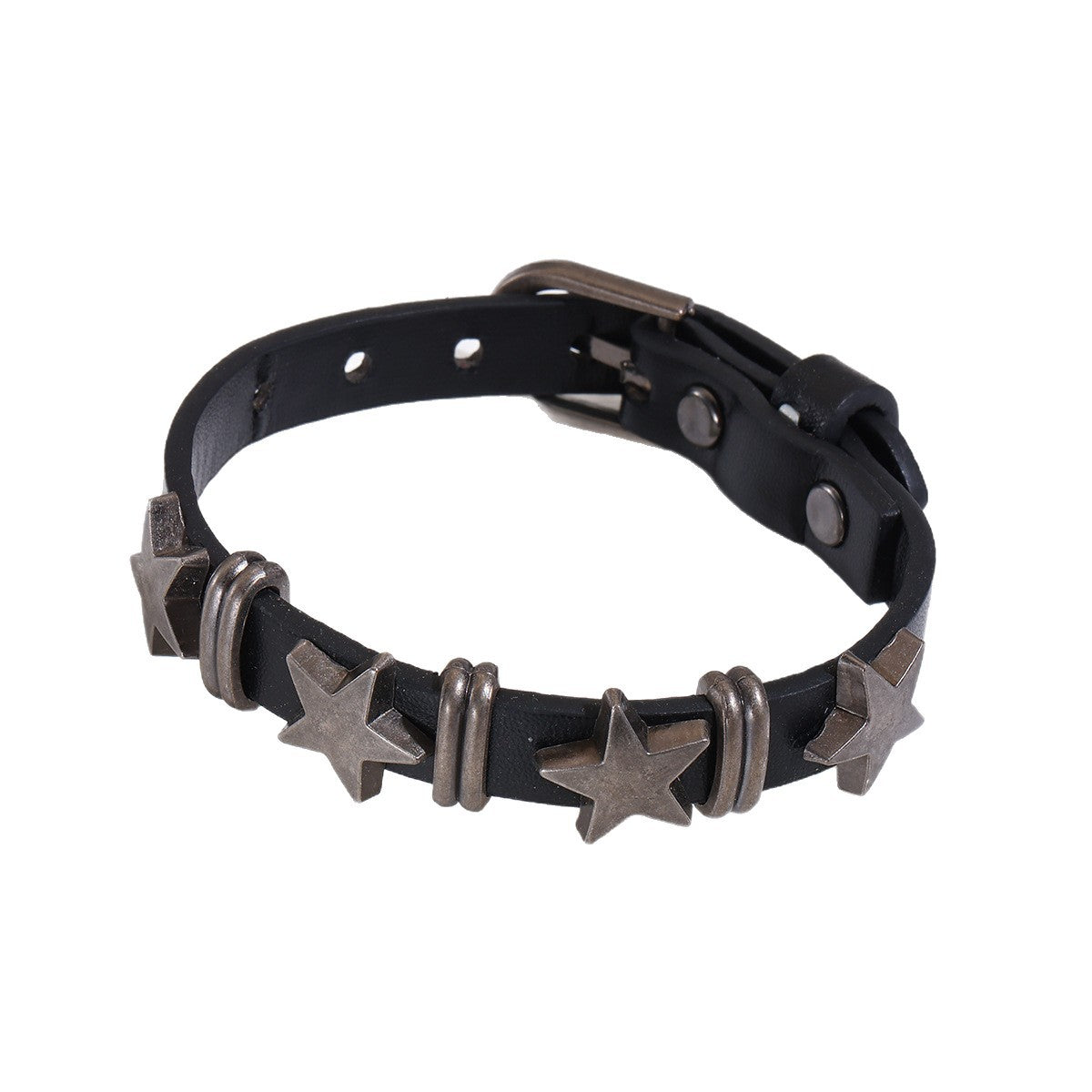 Grunge Star Rivet Cuff Bracelet With Buckle Strap - Black