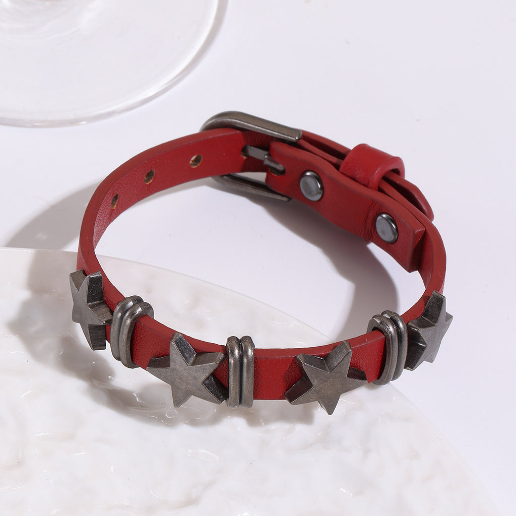 Grunge Star Rivet Cuff Bracelet With Buckle Strap - Red