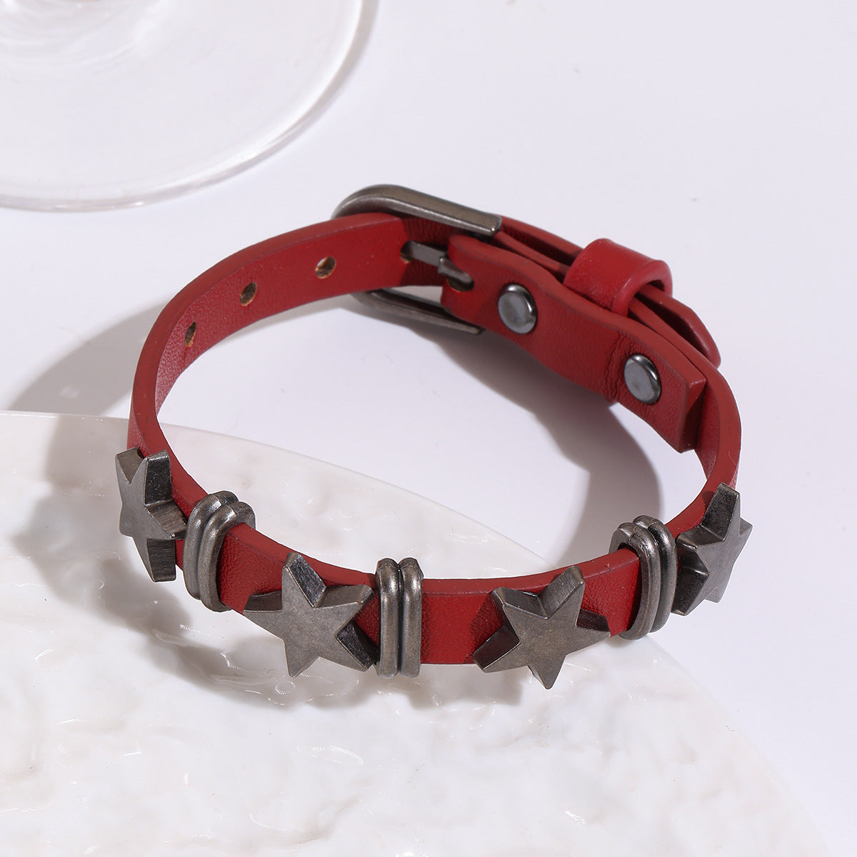 Grunge Star Rivet Cuff Bracelet With Buckle Strap - Red