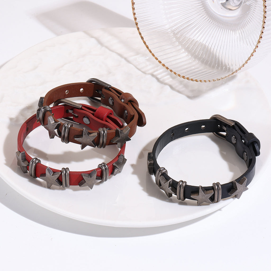 Grunge Star Rivet Cuff Bracelet With Buckle Strap